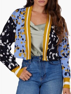 SAACHI Blue Black Gold Floral Colorblock Cropped Cardigan One size Crop style